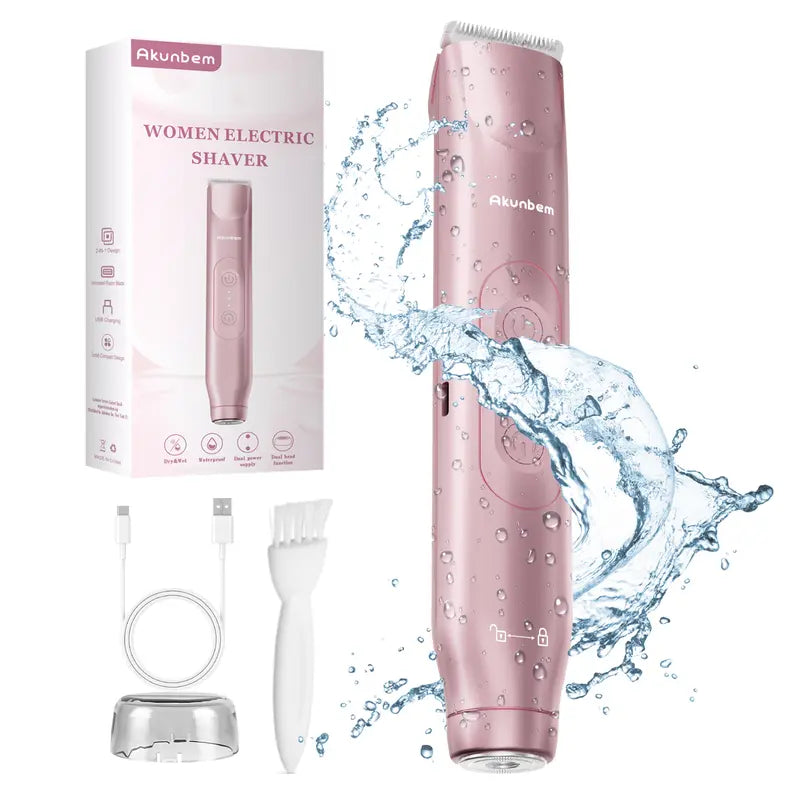 Akunbem Bikini Trimmer for Women, Electric Shaver and Razor Rechargeable 2-In-1 Body and Facial Epilator, Dual Heads for Painless Trimming of Pubic Hair, Face, Underarms and Legs, IPX7 Waterproof. Christmas Gift New Year Gift Shaving Grooming