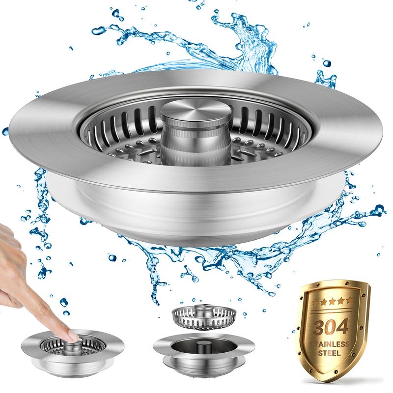 JOMST 3-In-1 Kitchen Sink Drain Strainer, Stainless Steel Sink Plug, Deodorizing Anti-Clog Basket Strainer for US Standard 3-1/2 Inch Drains