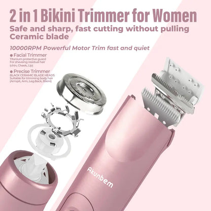 Akunbem Bikini Trimmer for Women, Electric Shaver and Razor Rechargeable 2-In-1 Body and Facial Epilator, Dual Heads for Painless Trimming of Pubic Hair, Face, Underarms and Legs, IPX7 Waterproof. Christmas Gift New Year Gift Shaving Grooming