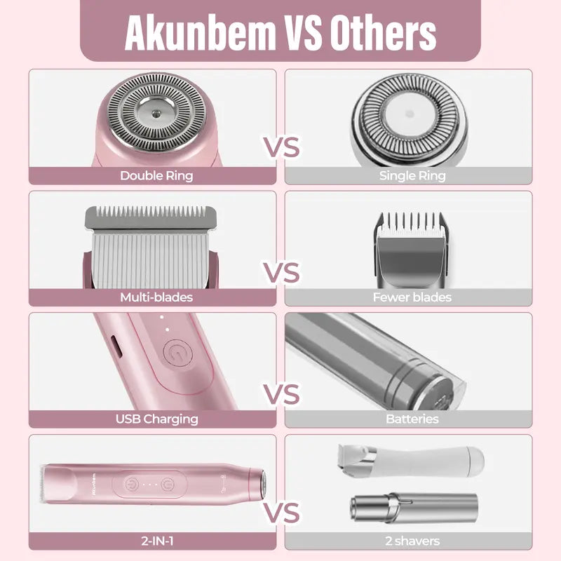 Akunbem Bikini Trimmer for Women, Electric Shaver and Razor Rechargeable 2-In-1 Body and Facial Epilator, Dual Heads for Painless Trimming of Pubic Hair, Face, Underarms and Legs, IPX7 Waterproof. Christmas Gift New Year Gift Shaving Grooming